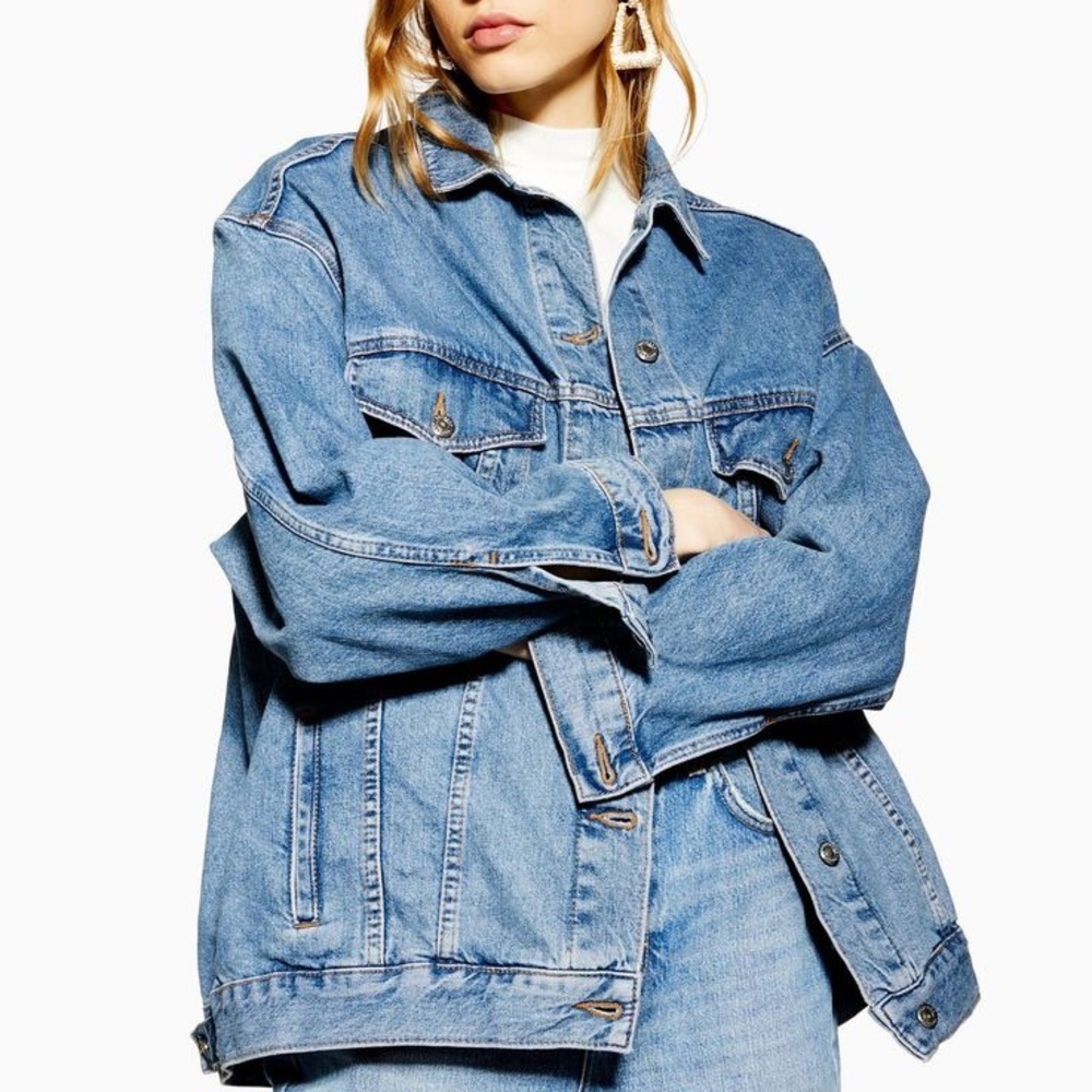 Topshop Moto Oversized Medium Blue Denim Jacket Size US 8